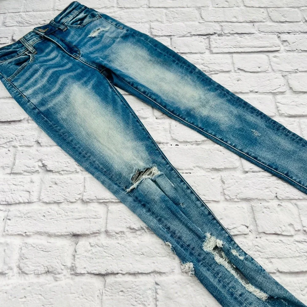 American Eagle Hi-Rise Jegging Womens 2 Short Blue Distressed Super Stretch Jean